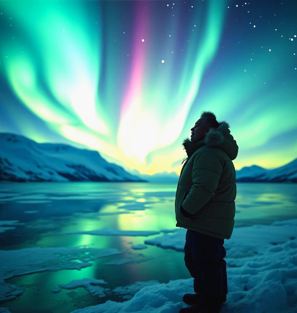 Eskimo Watches Aurora Borealis in Arctic Sky