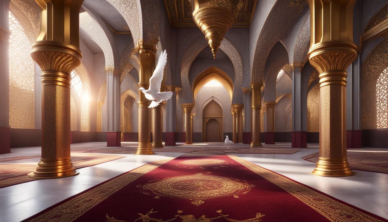 Silver Mosque Interior with Doves in Hyperreal Detail