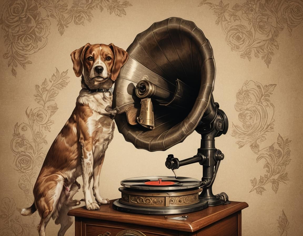 Dog Discovering Music in Antique Gramophone