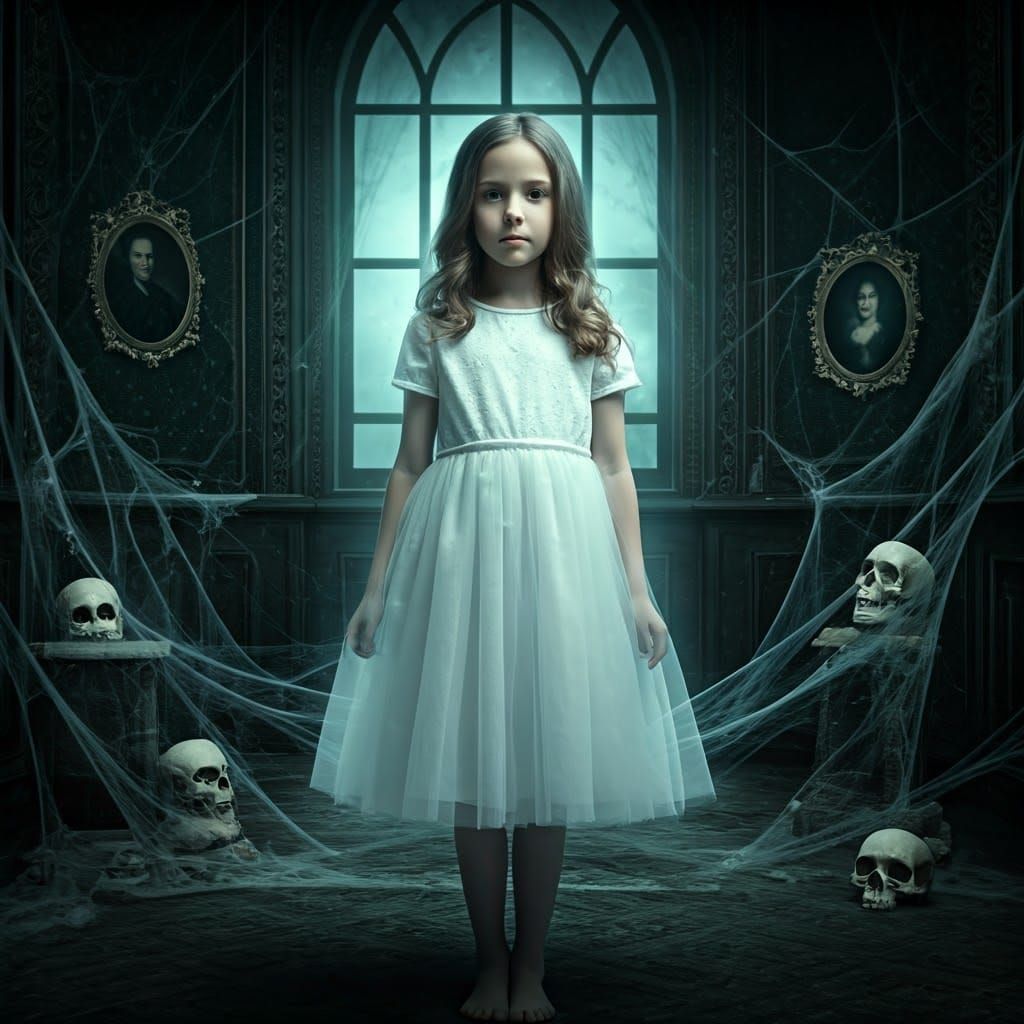 Ethereal Ghost Girl in Haunted Mansion, Dreamlike Photo