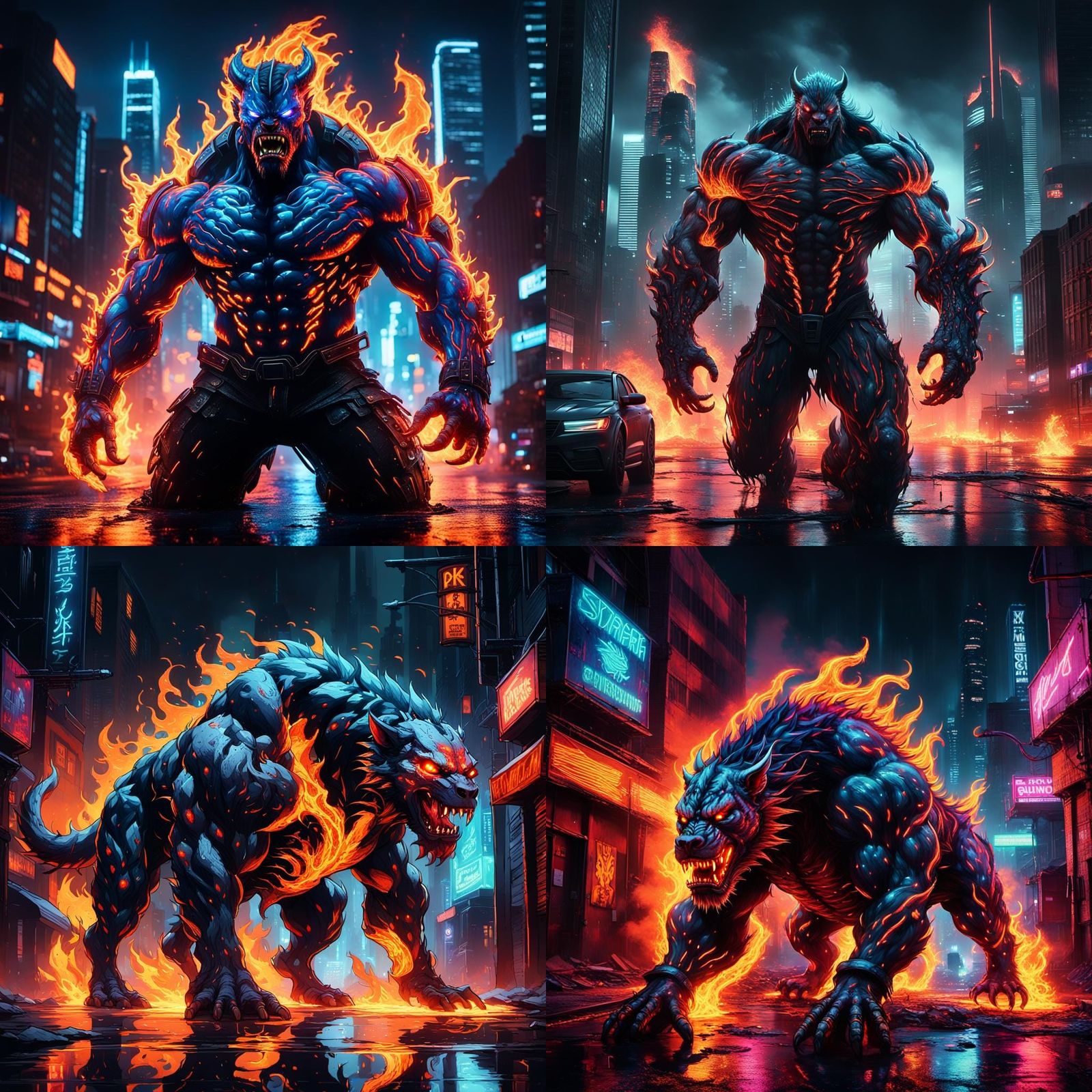 Cyberpunk Beast Ablaze in Neon City Streets