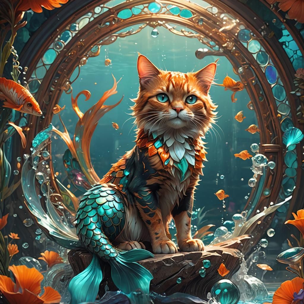 Hyperdetailed Mermaid Cat Concept Art in Art Nouveau Style