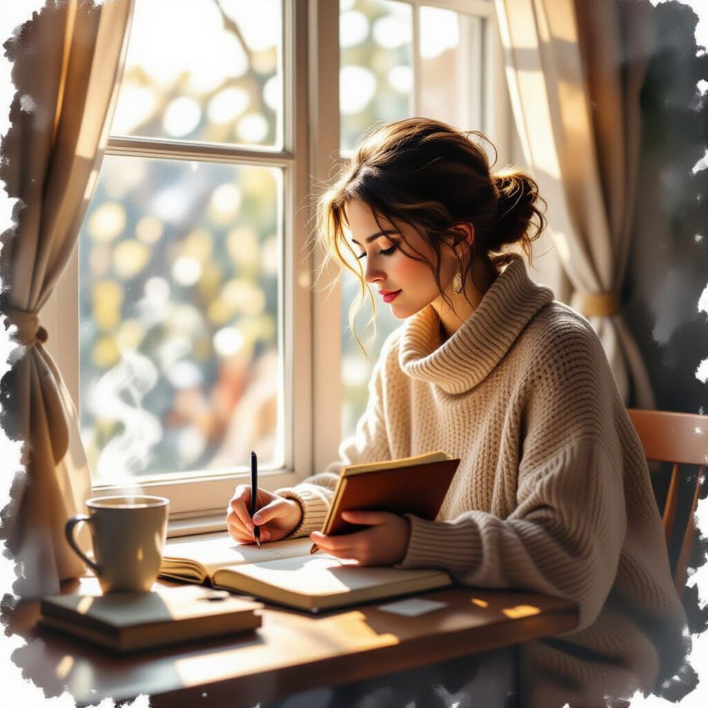 Woman Sketching by Sunlit Window in Watercolor Style