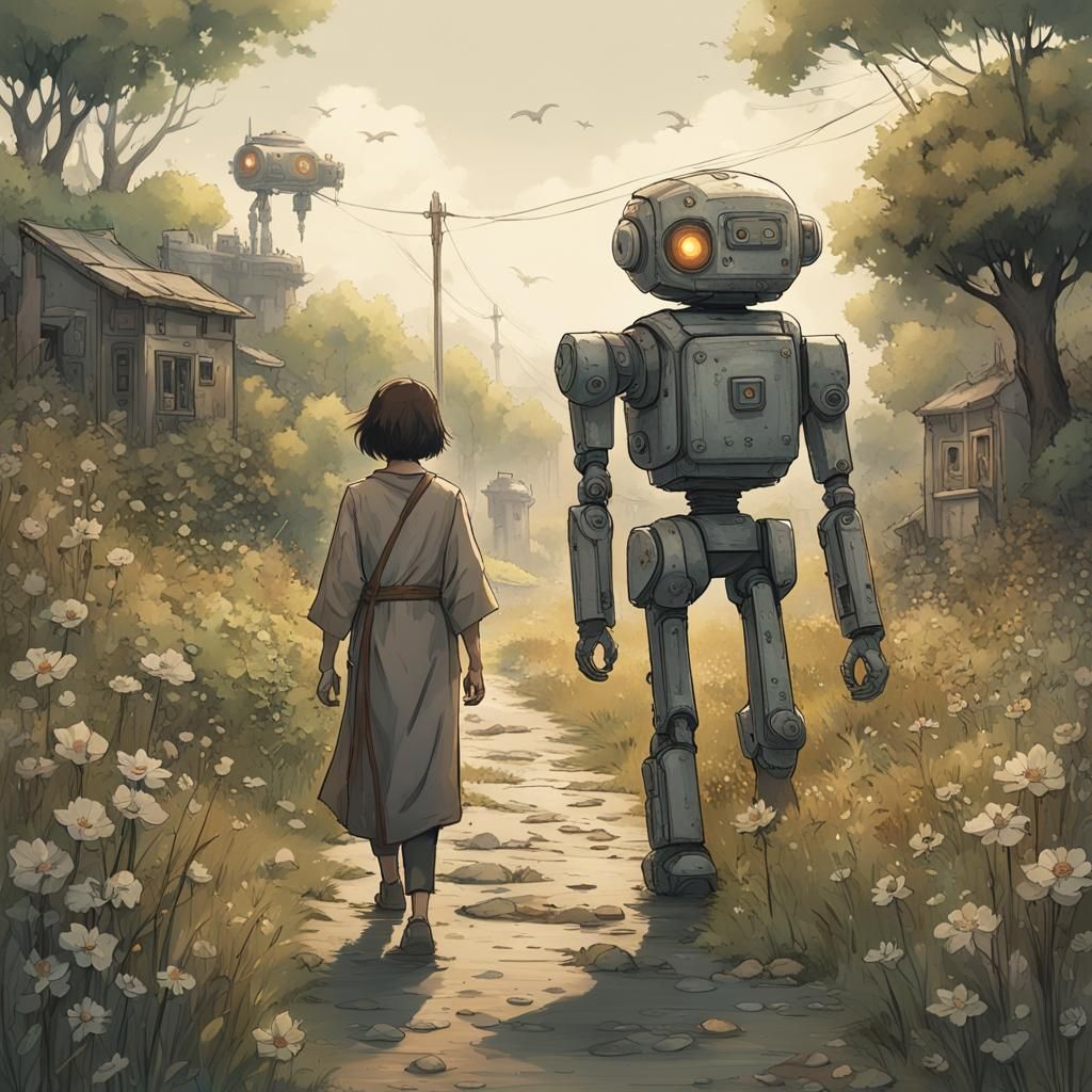 Monk and Robot Walk Down Overgrown Trail