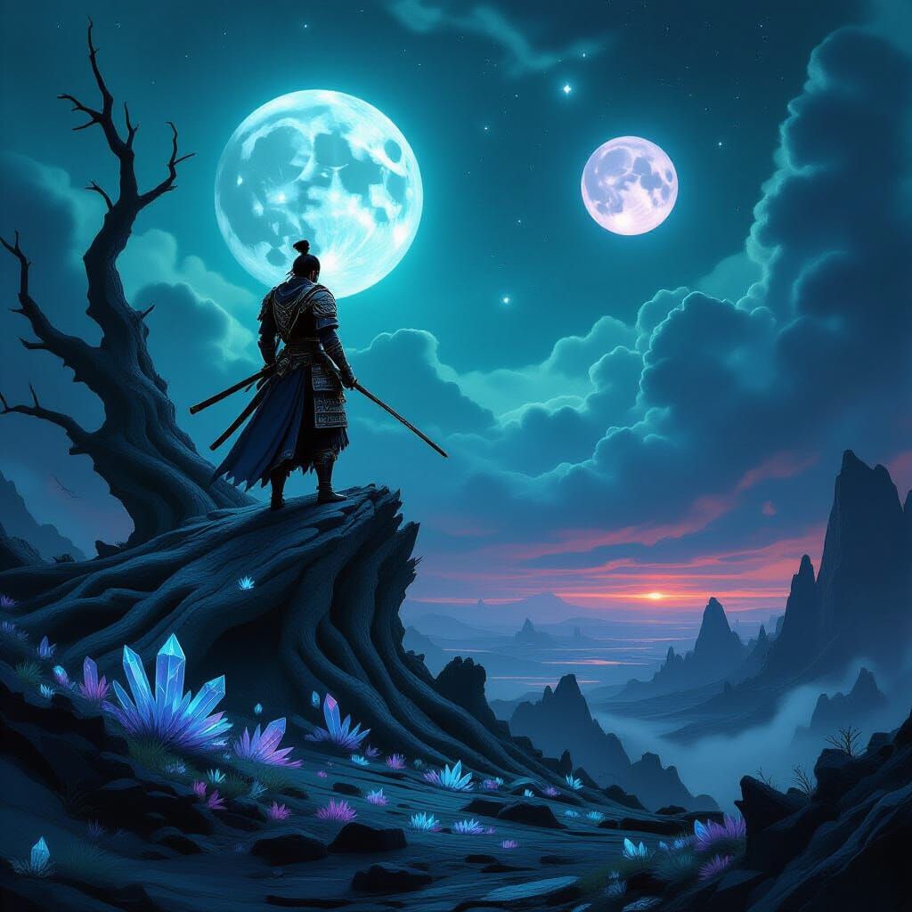 Samurai on Petrified Tree Overlooking Alien World