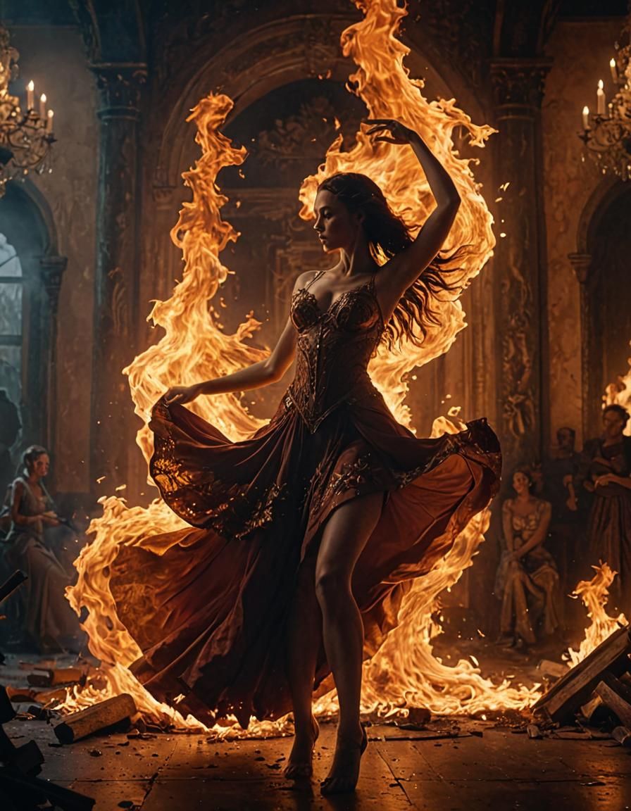 Dancing Woman Made of Fire in Digital Painting