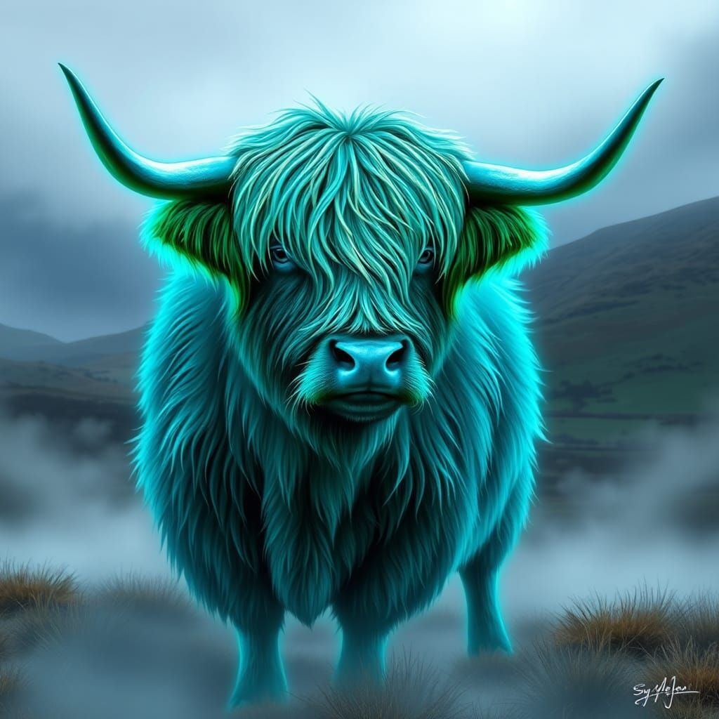 Electric Highland Cow in Dreamy Scottish Landscape