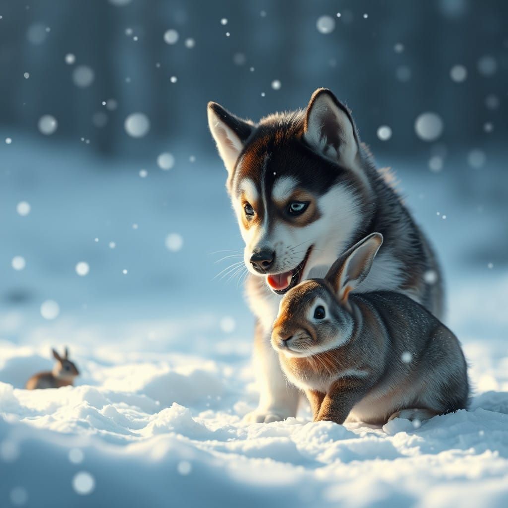 Siberian Husky Puppy and Rabbit in Epic Winter Wonderland