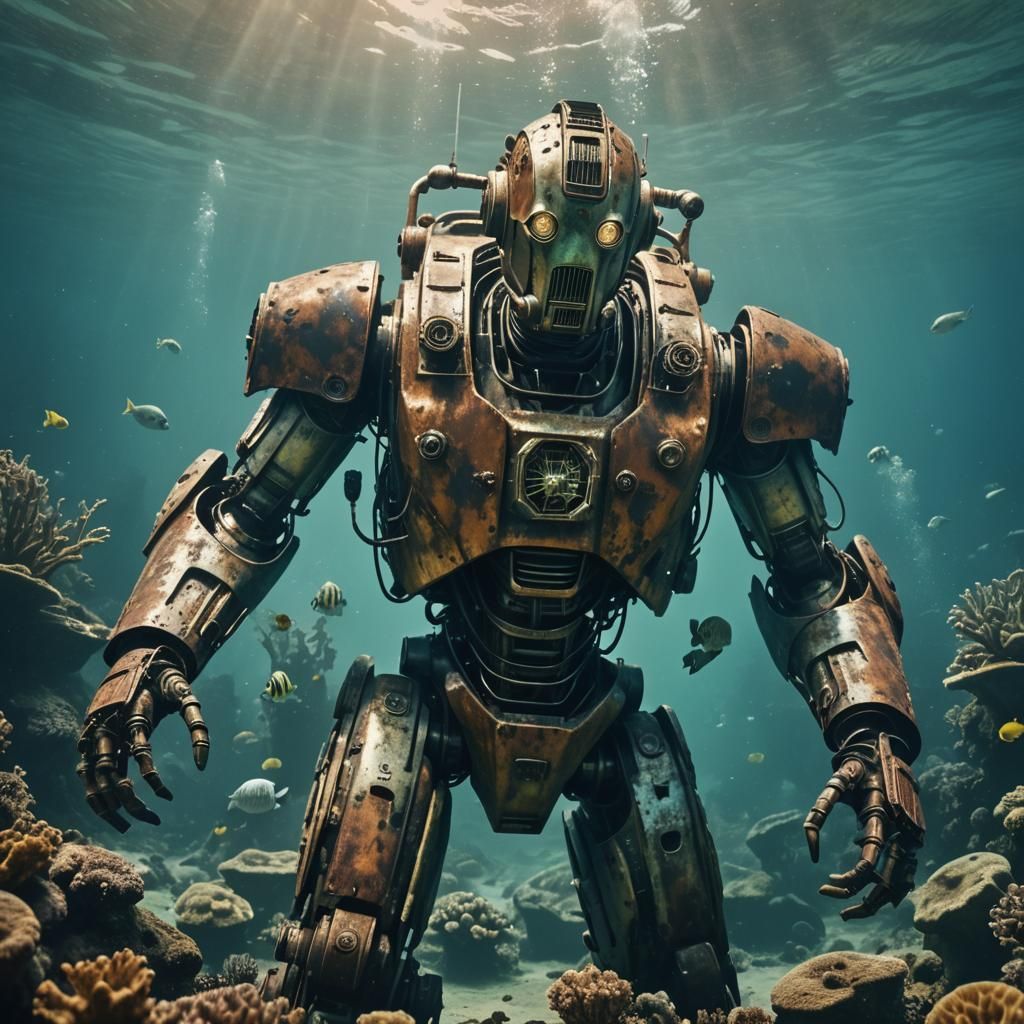 Underwater Cyberman Robot Relic in Cinematic Style