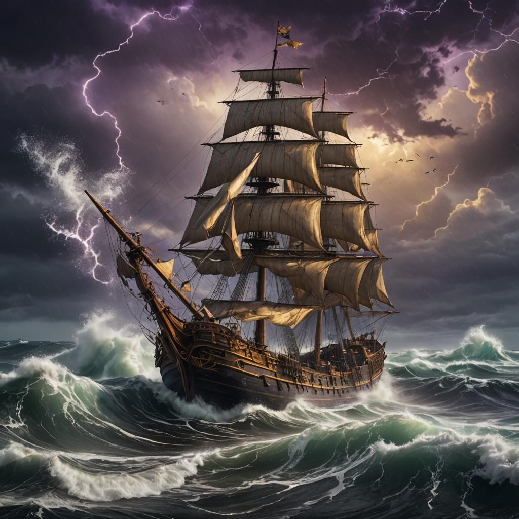 Sailing Ship Amidst Stormy Seas: Dark Fantasy Art