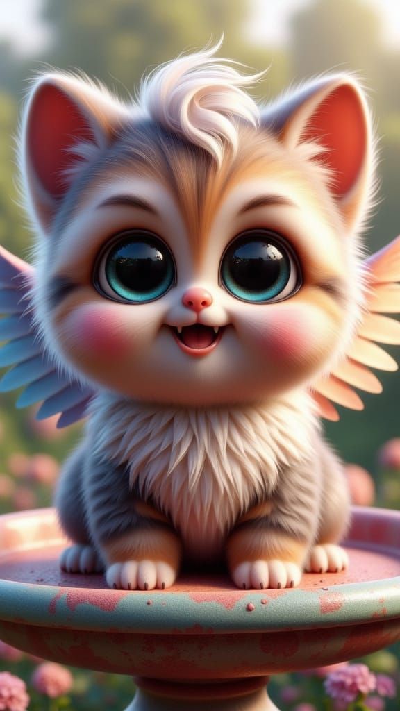 <lora:Ultra Cute Flux:1.0><lora:-Frickin Cute-:1.0>
Adorably cute kitten with wings. Sitting on a bird bath. He looks li...