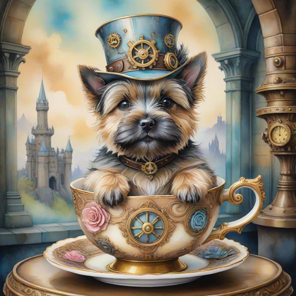 Steampunk Cairn Terrier Puppy in Watercolor Teacup