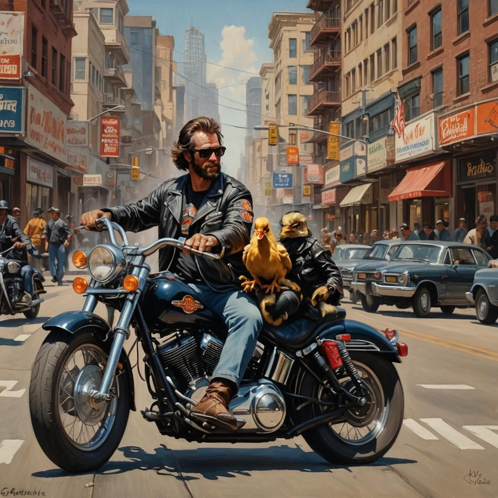 Bunny Biker Chick Ride in San Francisco, Vintage Oil