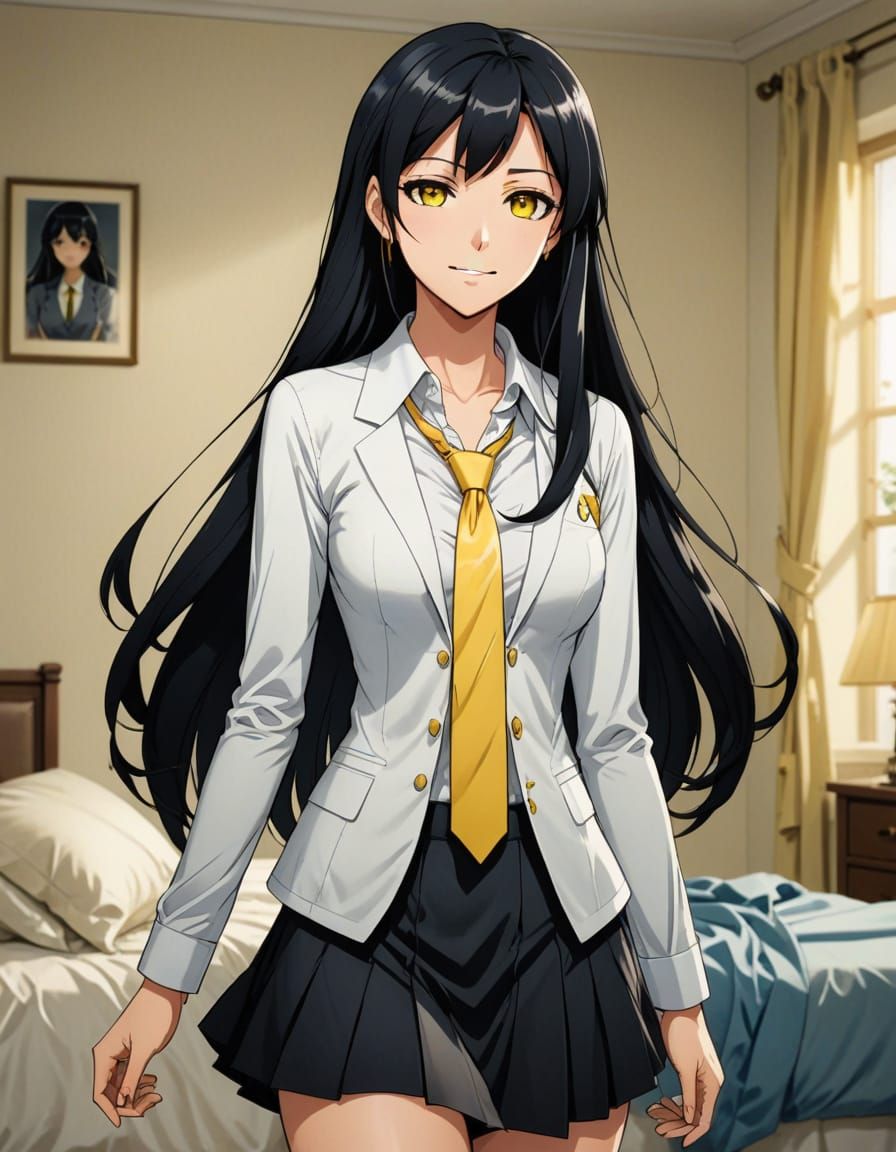 Anime Woman with Yellow Eyes Removes Jacket