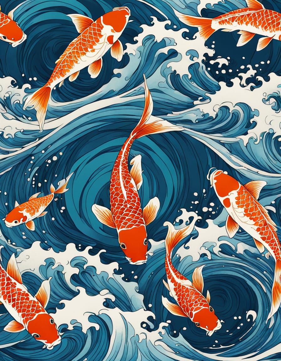 Stunning Koi Fish in Vibrant Waves, Hokusai-Inspired Art