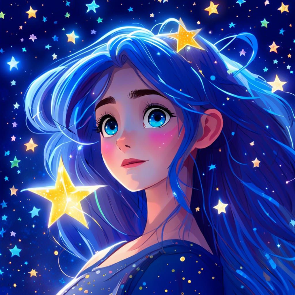 Anime Girl in Blue Starry Night, Glen Keane Style