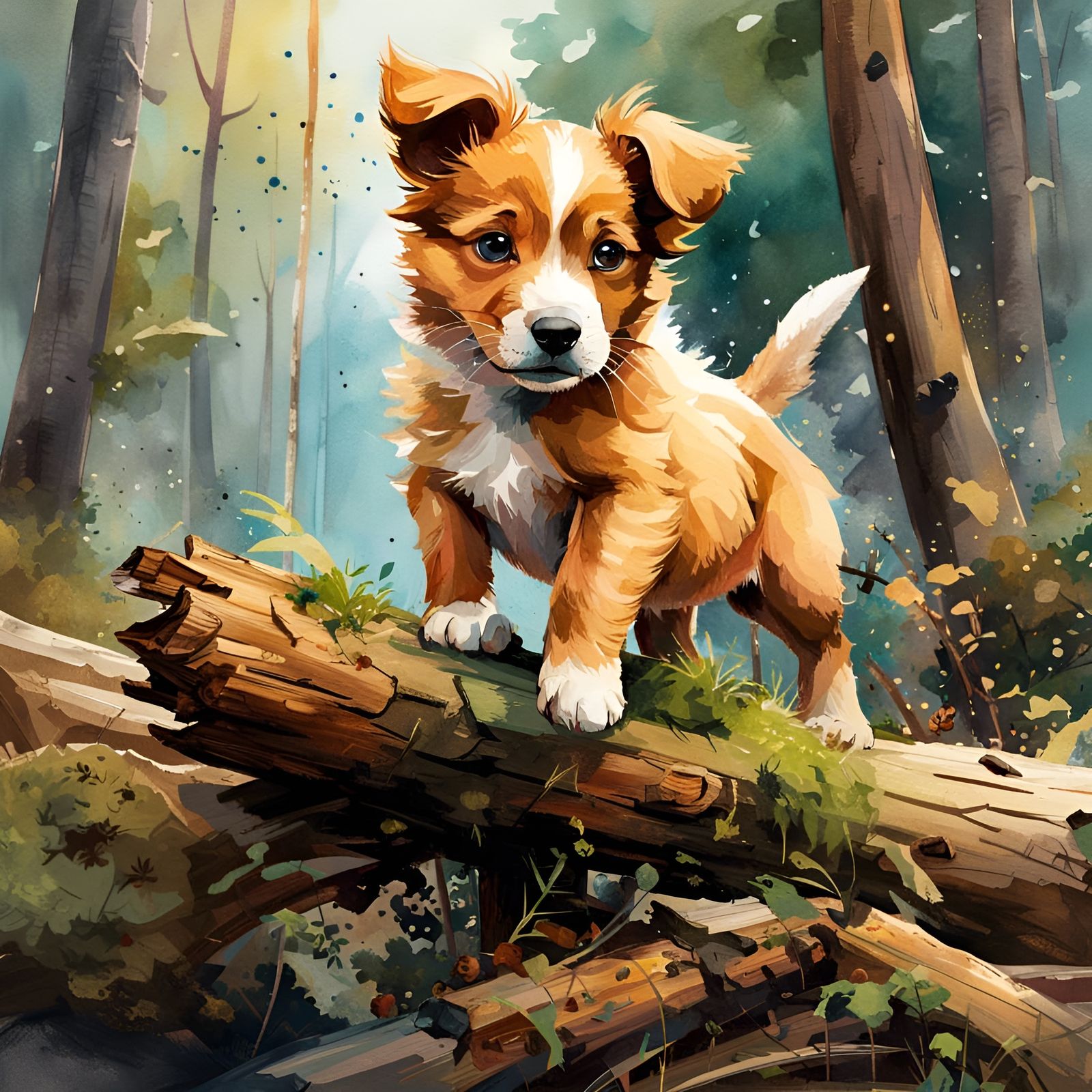 Cute Puppy on Fallen Tree