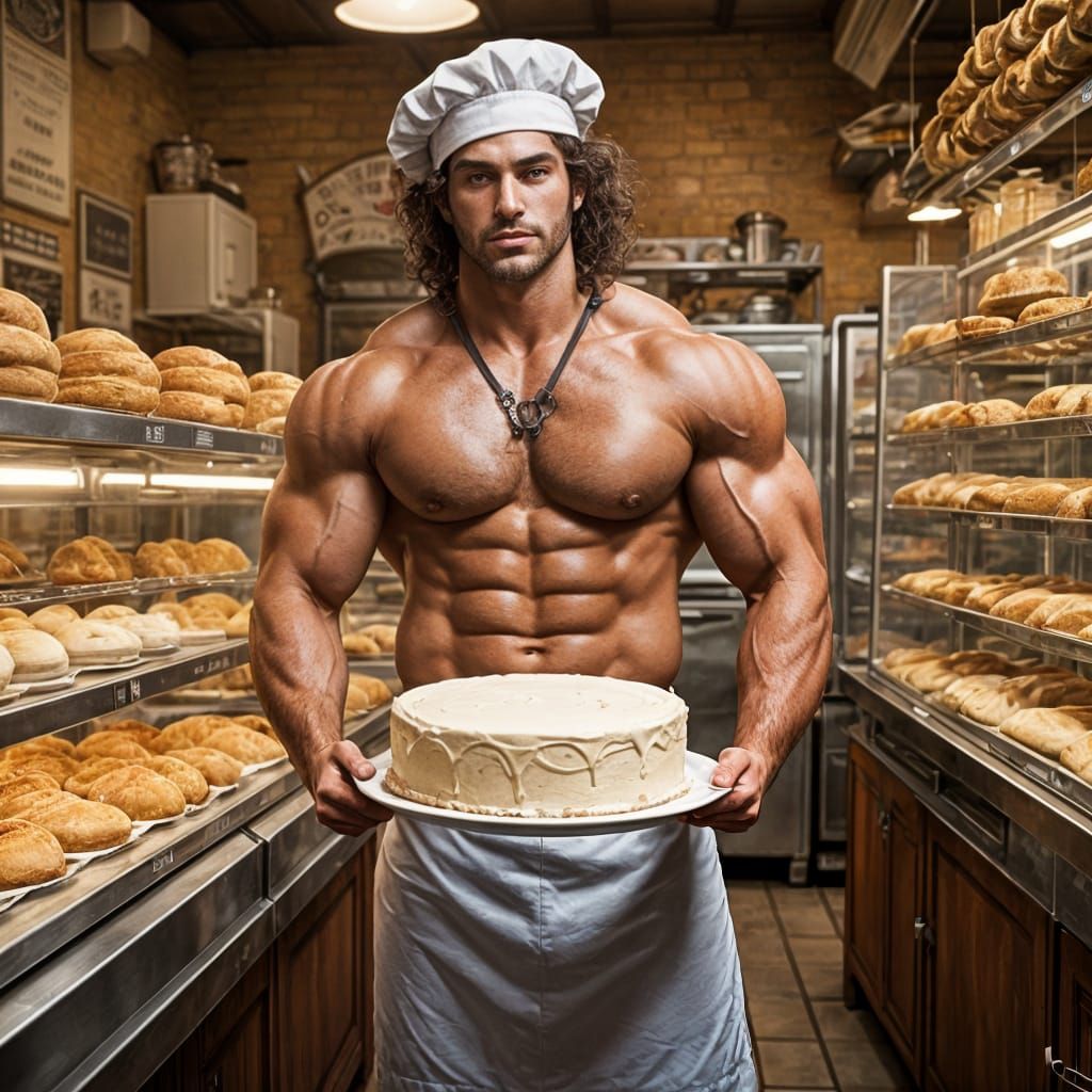 Handsome Bodybuilder Baker Baking a Cake