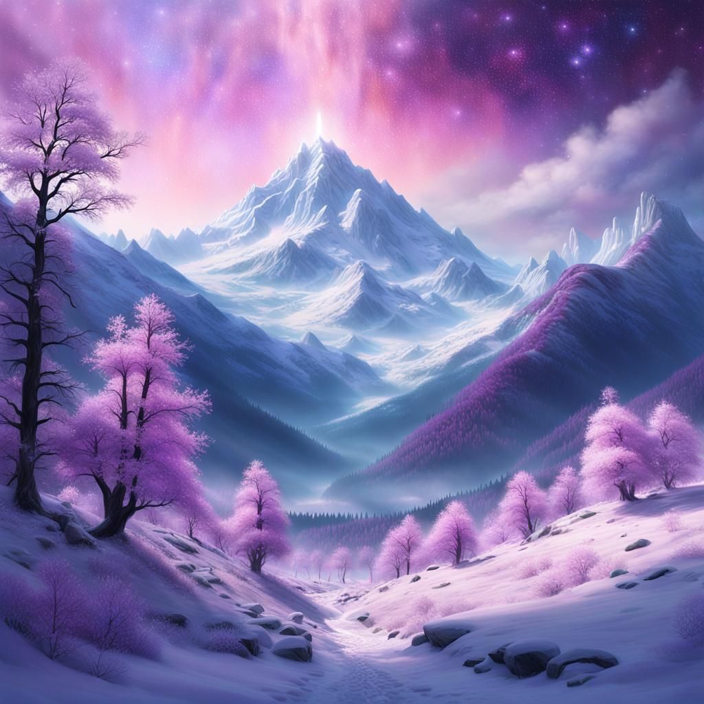 Mystical Winter Valley with Glowing Trees