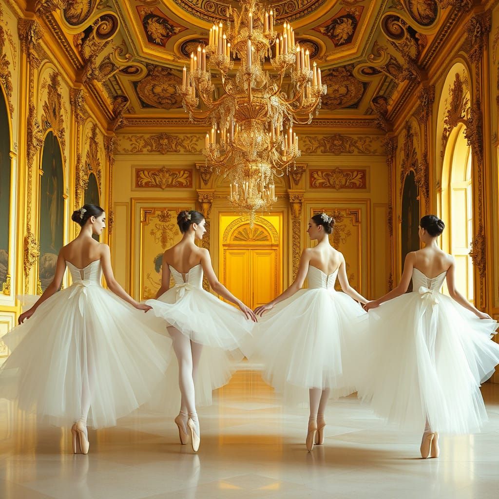 Elegant Ballerinas in Opulent Golden Palace