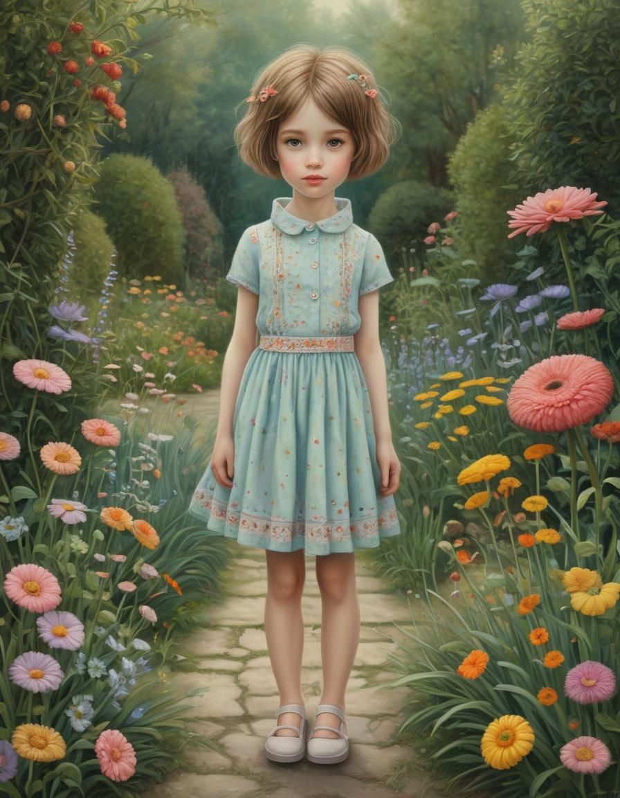 Whimsical Digital Painting of a Modern Girl in a Garden