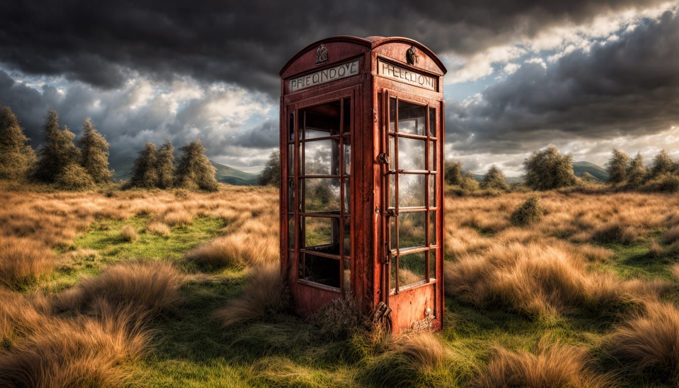 Wrecked Phone Box in Empty Meadow, Hyperrealistic Fantasy