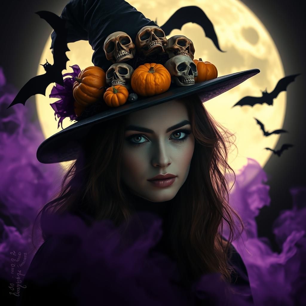 Beautiful Witch Framed by Full Moon in Hyperrealism