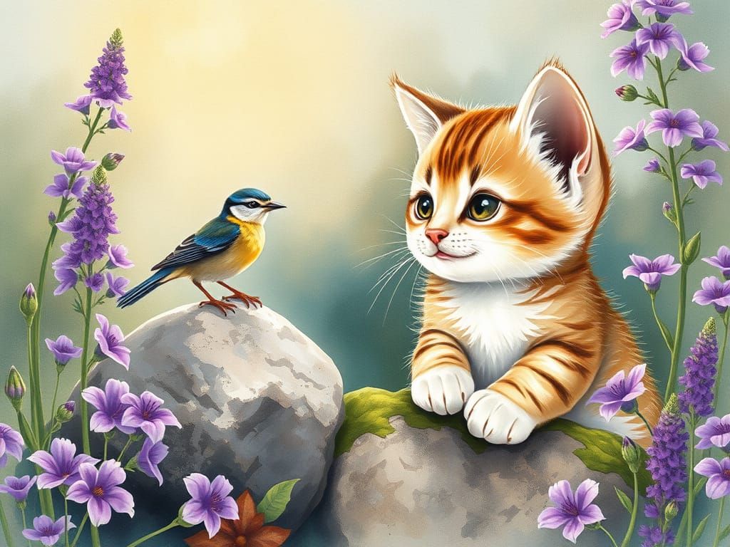 Charming Kitten in Wildflowers, Fairytale Illustration