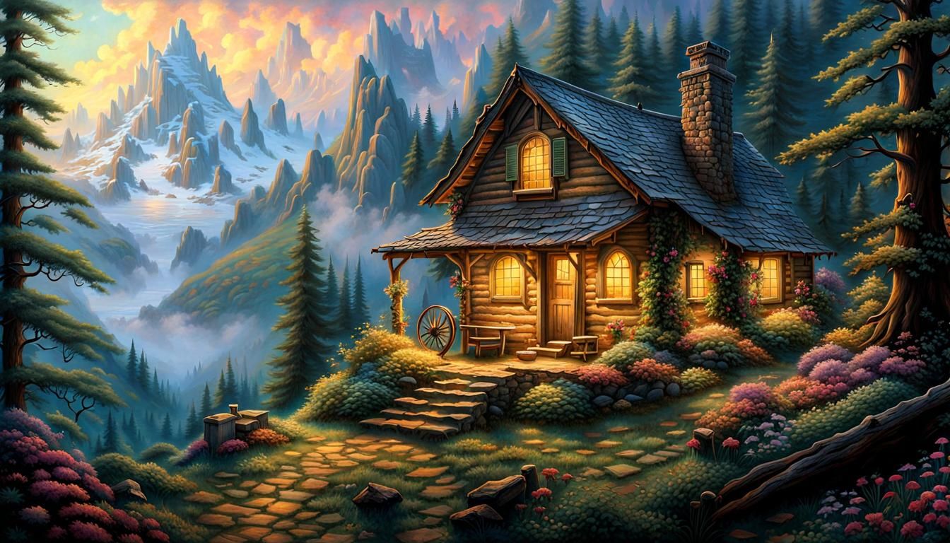 Woodcutter's Cabin in Majestic Fantasy Mountains