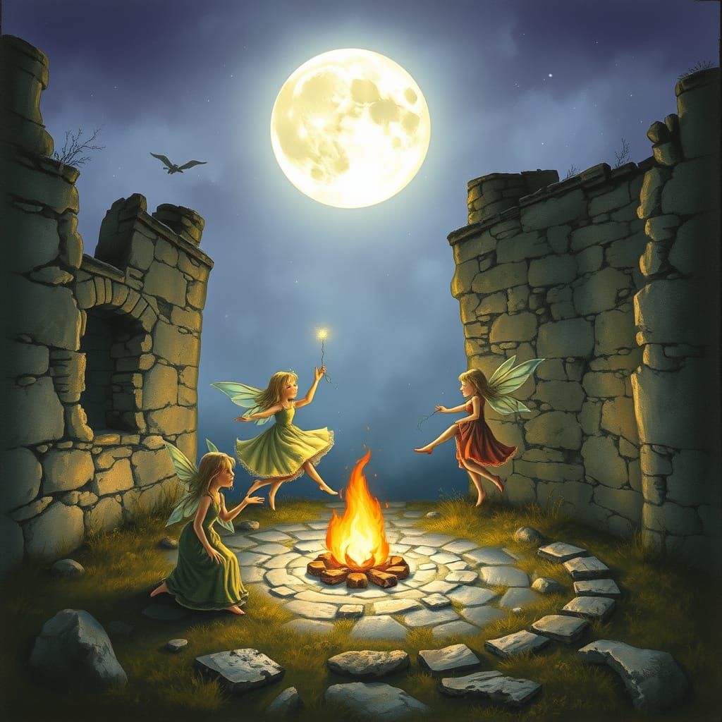 Fairies Dancing by Firelight in Ruined Manor
