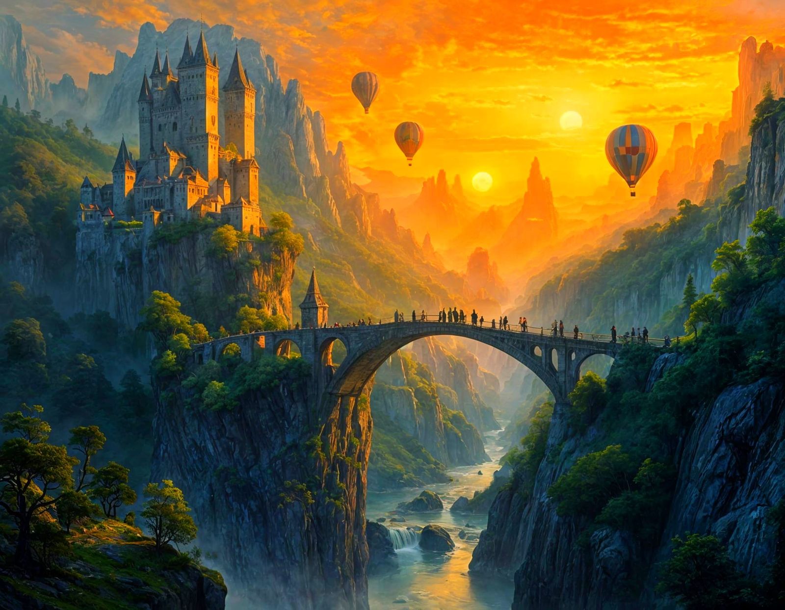 Fantasy Castles Connected by Bridge at Sunset