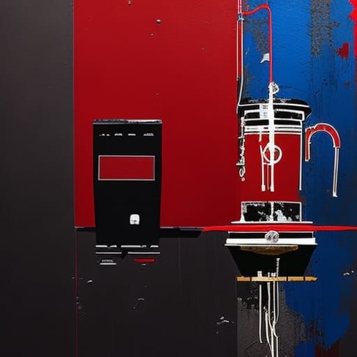 sober sad droid with red cables plugged into to a italian coffee machine blue kitchen, artwork by basquiat, Greig Roulst...