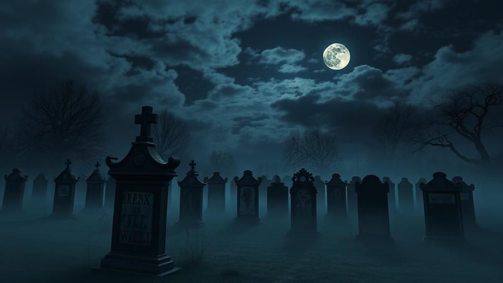 Creepy Graveyard at Night with Fog and Moon