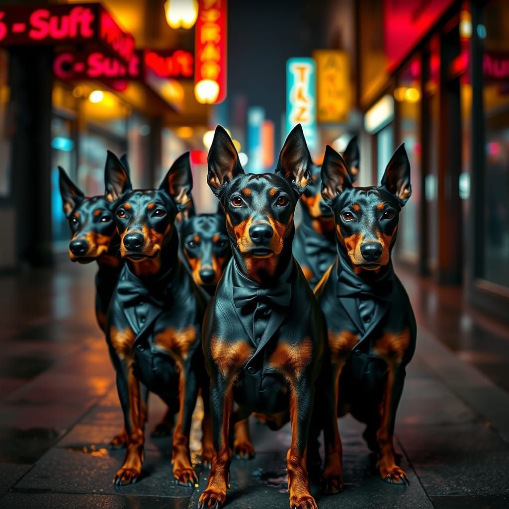 Mafia Dobermans in City Alleyway, Hyperrealistic Photography