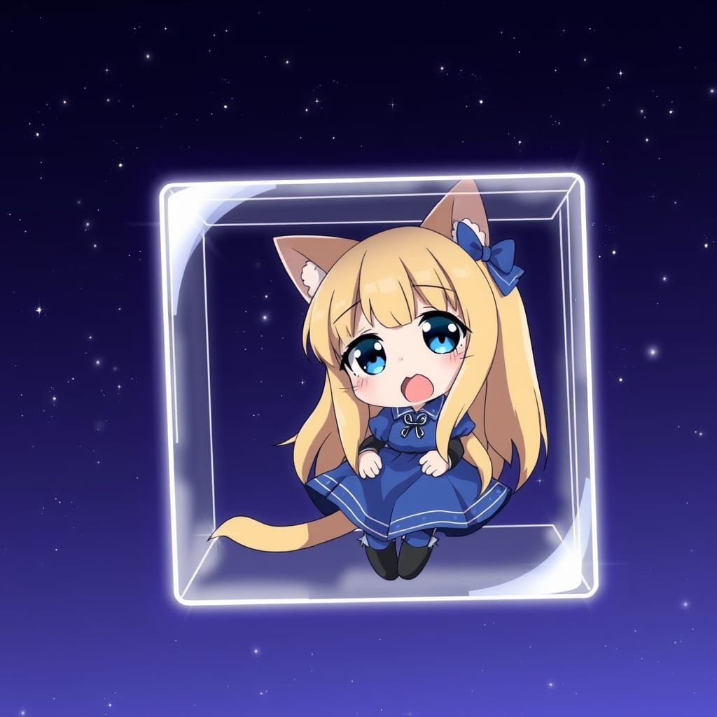 Whimsical Anime Catgirl Trapped in Glass Cube Under Starry N...