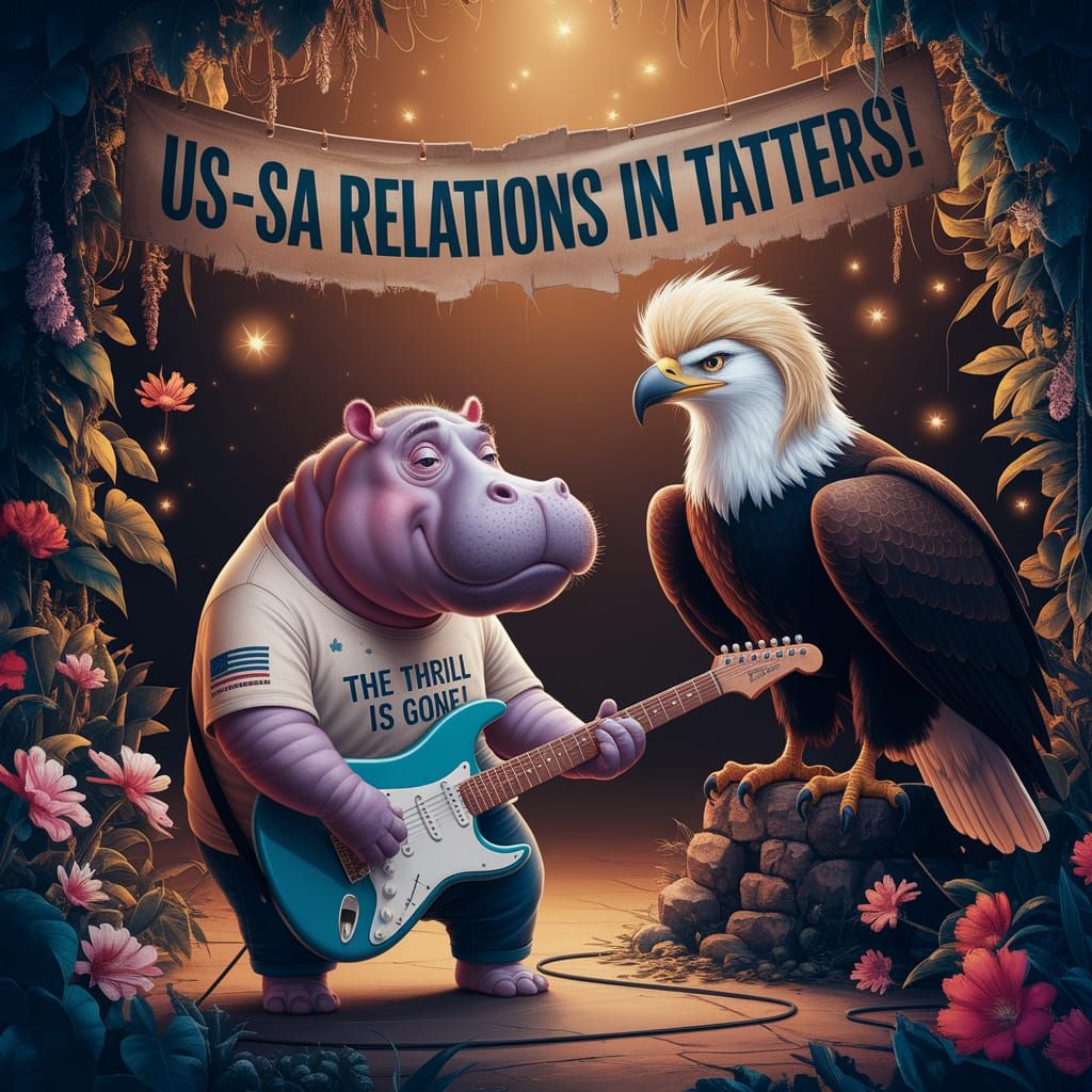 Sad Hippo Plays Guitar Under Tattered Banner