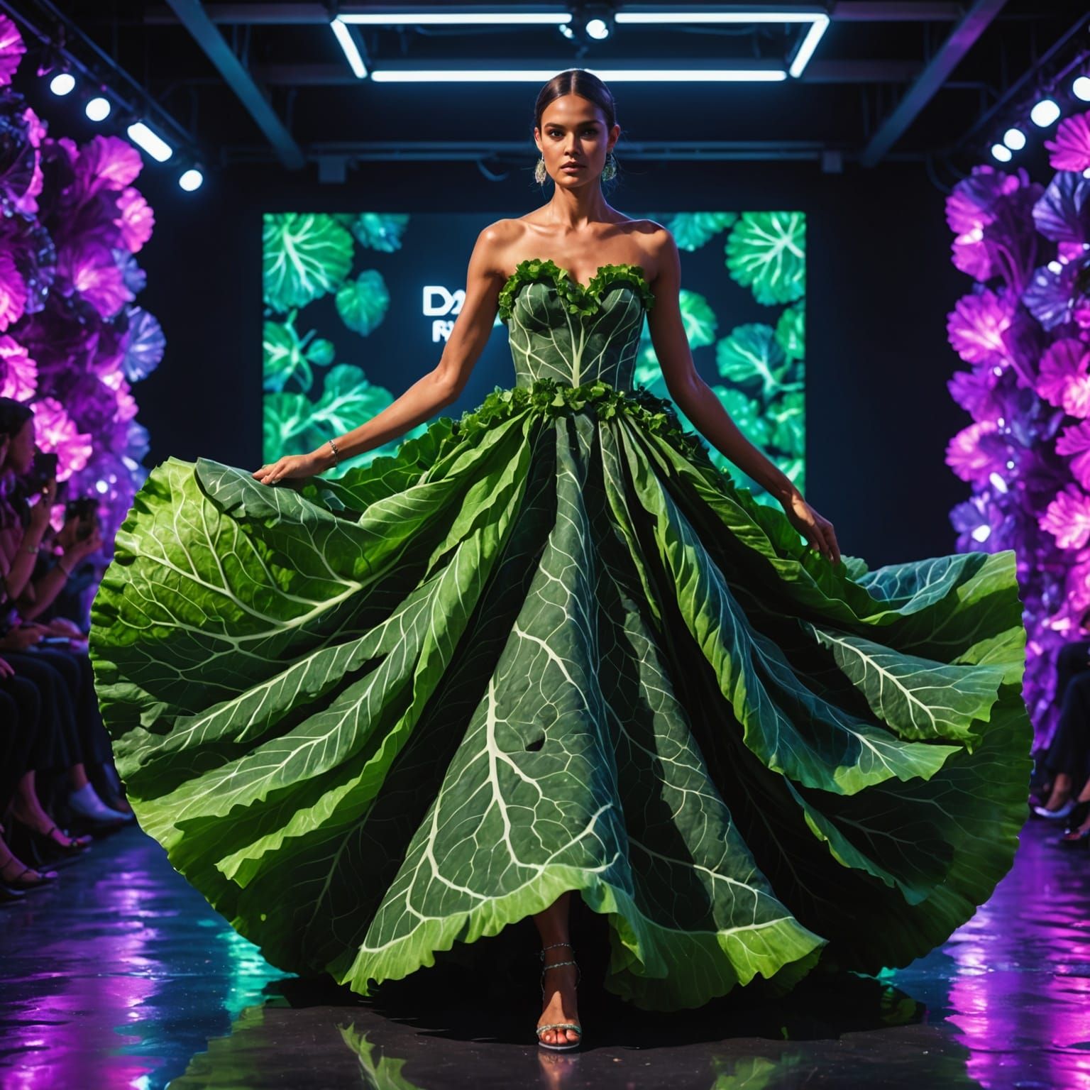 Vibrant Fashion Model in a Kaleidoscope of Green and Purple