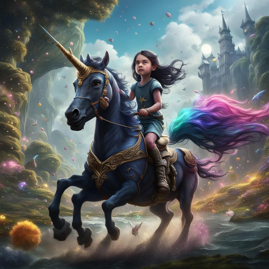 Dark-Haired Girl on Unicorn: Fantasy Concept Art