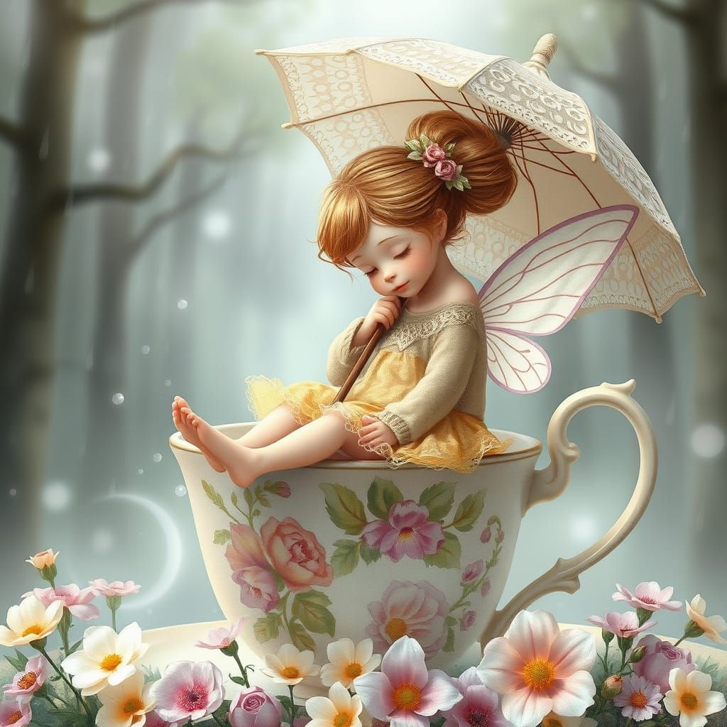 Whimsical Fairy in Yellow Lace Dress, Holding Umbrella, in a...