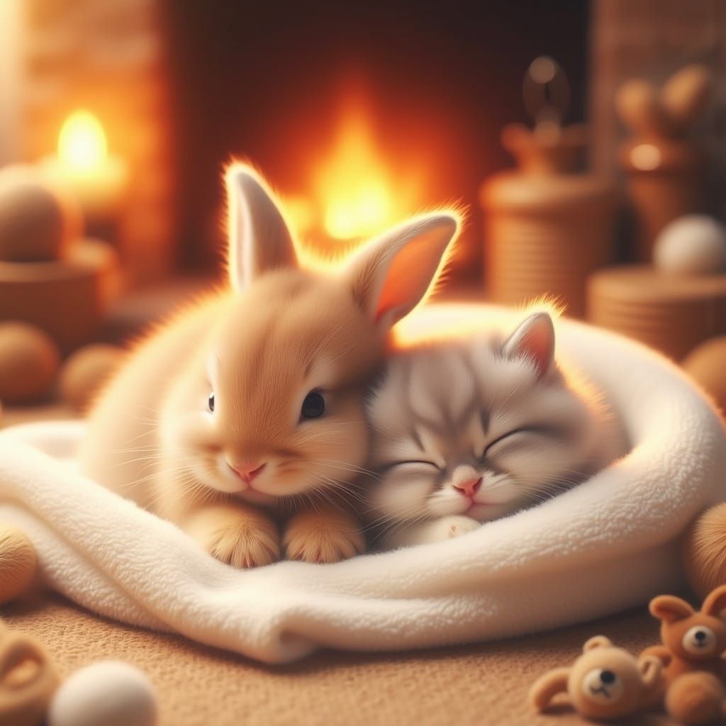 Whimsical Bunny and Kitten Cozy Up by the Fireplace