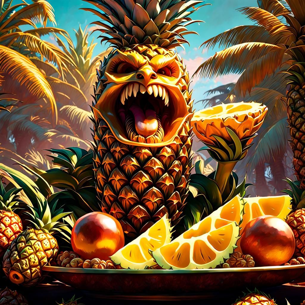 Cursed Pineappleman Feast in Hyperrealistic Impasto Style