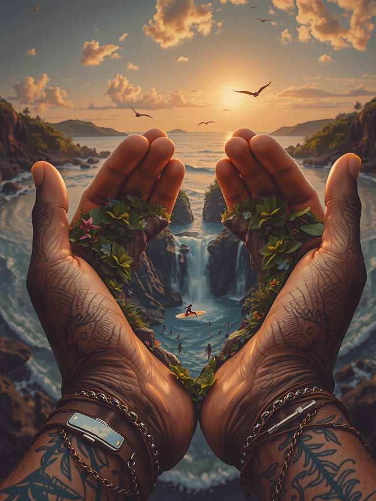 Gigantic Hands Cradle Idyllic Ocean Scene in Vibrant Colors