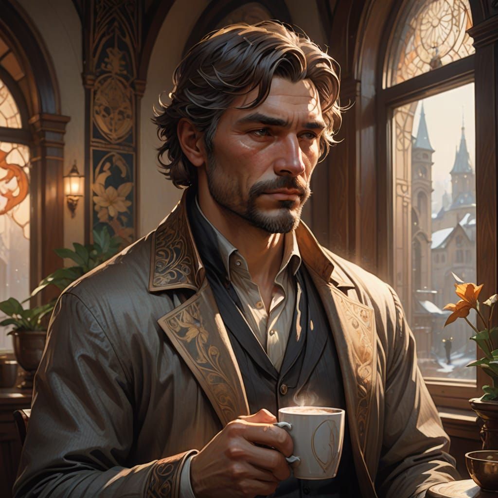 Cozy Home Scene: Man Sipping Hot Chocolate