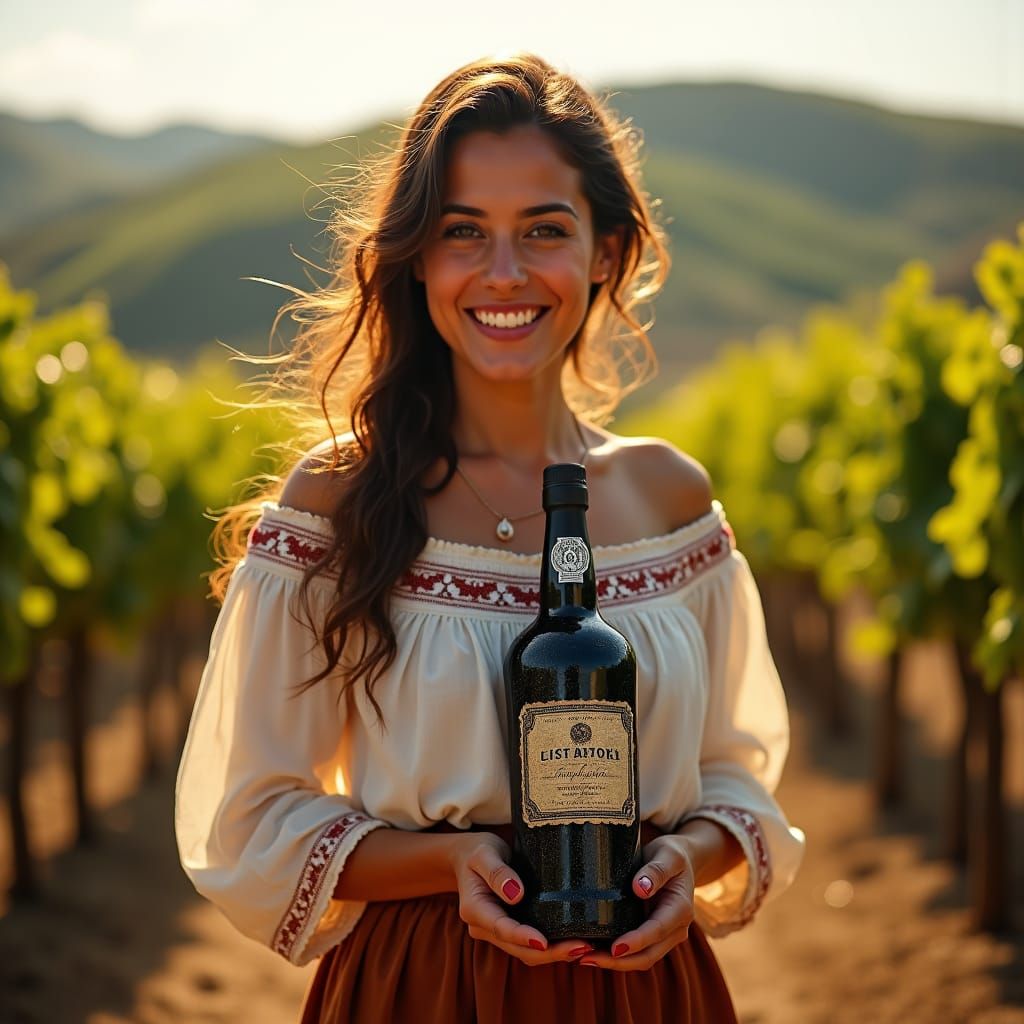 Portuguese woman holding a bottle of port wine