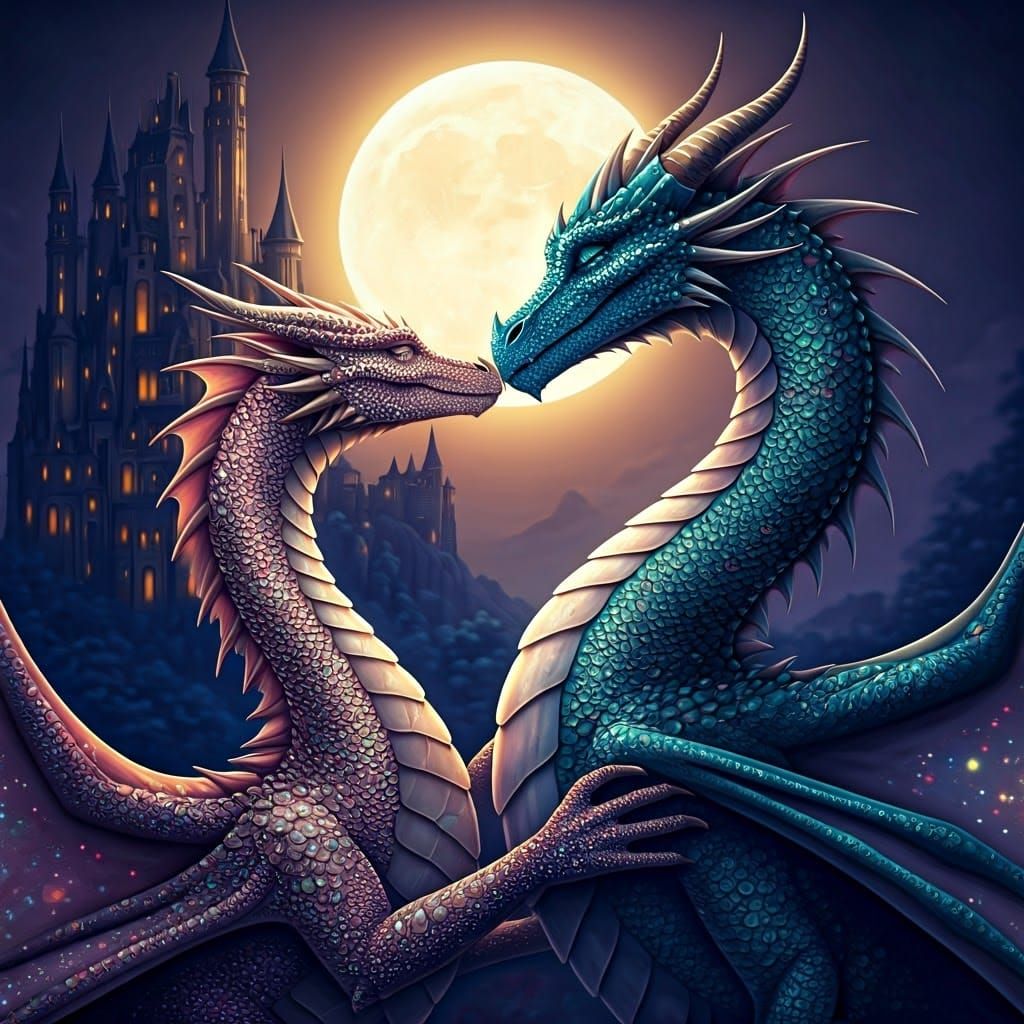 Majestic Dragons Kiss Under Moonlight, as Oil Painting