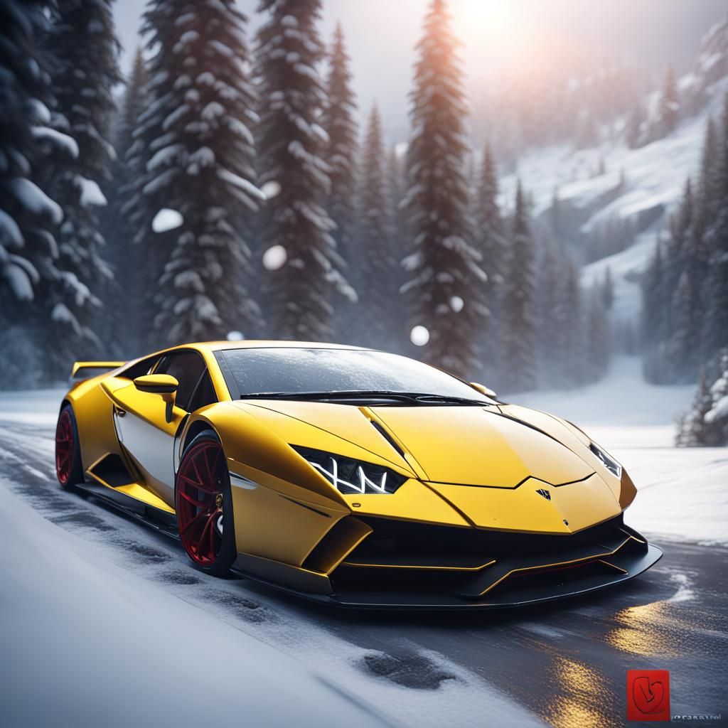 Lamborghini GTR Drifting on Snow: Detailed Digital Painting