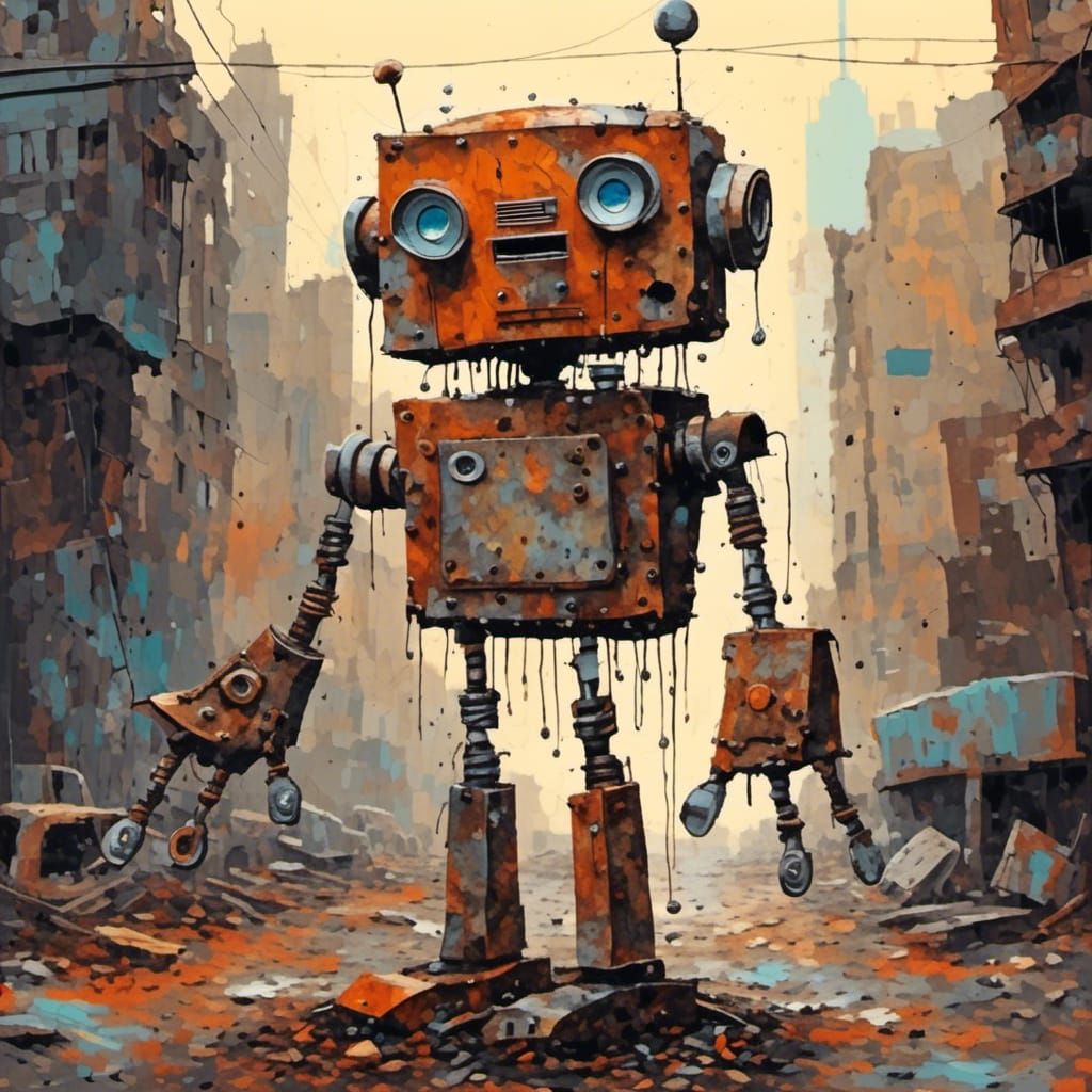 Quirky Scrap Metal Robot in Scrap Yard