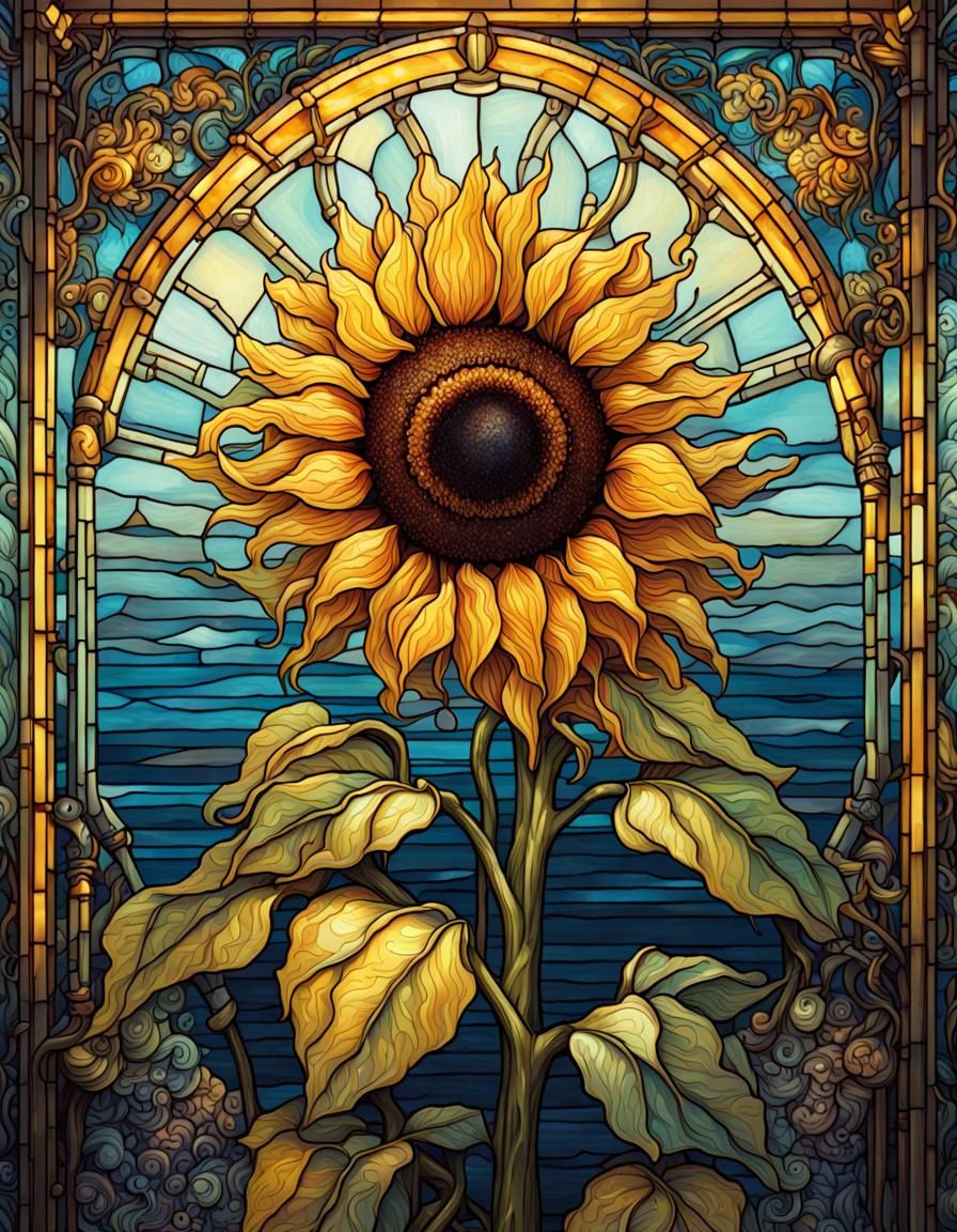 Stained Glass Sunflower in Tarot Card Style