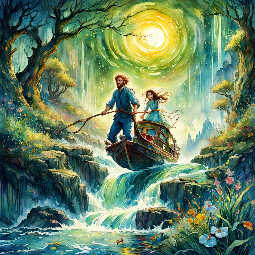 Whimsical Sci-Fi Fantasy Landscape in Watercolor Style