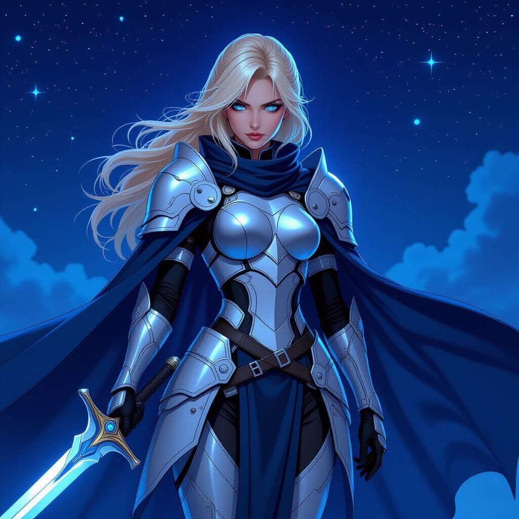 Artoria Pendragon in Futuristic Armor under Neon Sky